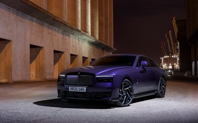 4k, rolls royce spectre black badge, 2026, frontansicht, äußerlich, luxuscoupé, lila rolls royce spectre, gespenst abtun, schwarzes abzeichen, britische autos, rolls royce