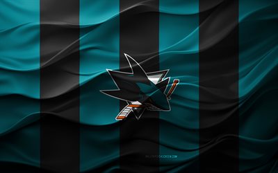 4k, san jose sharks logo, türkisschwarzer 3d  hintergrund, san jose sharks emblem, american hockey team, san jose sharks flagge, 3d  textur, nhl, usa, san jose haie, eishockey
