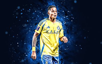 Wesley, 4k, blue neon lights, Al Nassr FC, Saudi Pro League, Brazilian footballers, Wesley 4K, football, soccer, Wesley Al Nassr, Wesley Gassova Ribeiro Teixeira, Al-Nassr