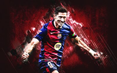 robert lewandowski, fc barcelona, gol kutlaması, polonyalı futbolcu, bordo taş arka plan, grunge art, la liga, ispanya, futbol, robert lewandowski barcelona