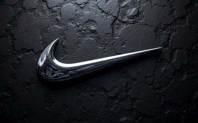 logotipo de nike cromado, 4k, fondo de pared negro, logotipo metálico de nike, logotipo 3d de nike, signo de nike, símbolo de nike, emblema de nike, logotipo de nike, nike