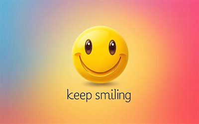 lächle weiter, 4k, 3d emoticons, minimalismus, positive zitate, lächeln, bunter hintergrund, 3d emotionen smiley symbol, motivation, inspiration, lächeln sie weiterhin konzepte, lächelnde inschrift weiter