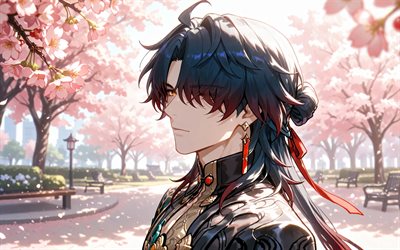 cuchilla, 4k, primavera, parque, carril estelar honkai, flor de cerezo, personajes de anime, manga, personajes de honkai star rail, cazadores estelares, espada honkai star rail