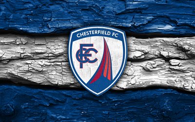 logo en bois du chesterfield fc, 4k, fond en bois blanc bleu, ligue deux, football, logo du chesterfield fc, emblème du chesterfield fc, chesterfield fc, club de football anglais, fc chesterfield