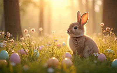 ईस्टर बनी, 4k, शाम, सूर्यास्त, ईस्टर एग्स, वसंत, ईस्टर अवधारणाएँ, हैप्पी ईस्टर, प्यारा खरगोश, ईस्टर की सजावट