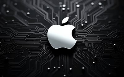 apple chrom logo, 4k, schwarzes mainboard, apple metalllogo, apple emblem, apple zeichen, apple logo, schwarzer technologiehintergrund, apfel
