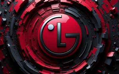 logotipo metálico lg, 4k, fondos rojos 3d, creativo, logotipo 3d de lg, obra de arte, logotipo de lg, marcas de electrónica, lg