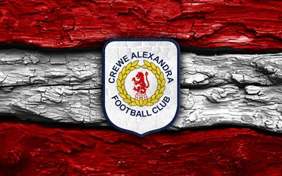 Crewe Alexandra FC wooden logo, 4k, red white wooden background, League Two, soccer, Crewe Alexandra FC logo, football, Crewe Alexandra FC emblem, Crewe Alexandra FC, english football club, FC Crewe Alexandra