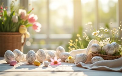 ovos de páscoa, 4k, mesa, decorações de páscoa, buquê de tulipas, feliz páscoa, ovos com enfeites, conceitos de páscoa, páscoa