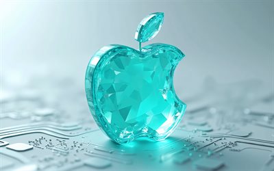logotipo da apple em cristal turquesa, 4k, logotipo de vidro turquesa da apple, emblema da maçã, logotipo turquesa da apple, sinal de maçã, maçã, logotipo 3d da apple