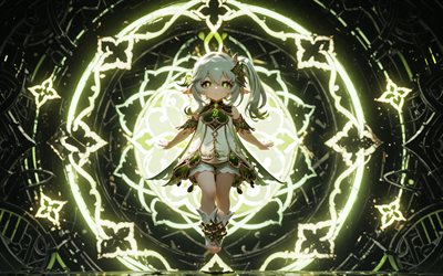 nahida voladora, 4k, luces de neón verdes, fondo abstracto verde, impacto de genshin, ojos verdes, nahida, protagonista, manga, personajes de impacto de genshin, obra de arte, impacto de nahida genshin