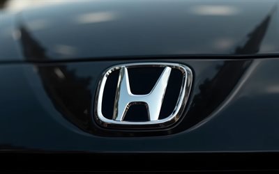 honda logosu, 4k, siyah başlık, honda'nın sembolü, honda işareti, honda amblemi, honda krom logosu, siyah kaput üzerinde honda logosu, japon arabaları, honda