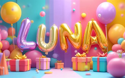 4k, luna, letras de globos de colores, nombre luna, creativo, cumpleaños luna, nombres femeninos americanos populares, fondo colorido, feliz cumpleaños luna, foto con el nombre de luna