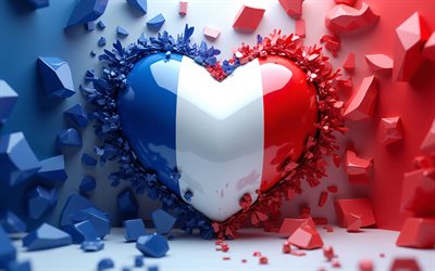 4k, amo francia, bokeh, fondo colorido 3d, arte 3d, dia de francia, bandera de francia, corazón con bandera francesa, corazones 3d, bandera francesa, francia, amor por francia