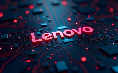 rotes lenovo glitzerlogo, 4k, schwarzer high tech hintergrund, mikroschaltungen, dirigenten, elektronikmarken, kreativ, lenovo logo auf mikroschaltung, marken, lenovo 3d logo, kunstwerk, lenovo logo, lenovo