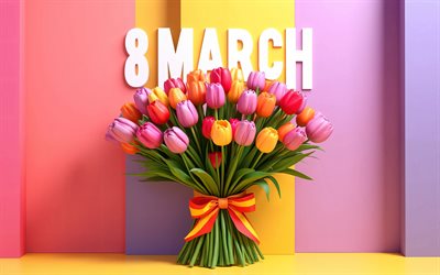 8 de março, 4k, tulipas coloridas, dia internacional da mulher, buquê de tulipas, feliz 8 de março, tulipas cor de rosa, feliz dia da mulher, fundo de madeira rosa, modelo de 8 de março, cartão comemorativo de 8 de março
