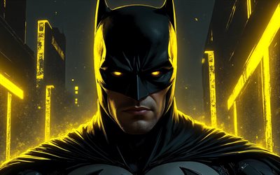 말 당번, 4k, 노란 눈부심, 만화 예술, dc 코믹스, 슈퍼 히어로, 야경, 삽화, 배트맨 아트, 팬 아트, 배트맨 4k