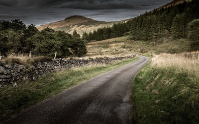 road, stone fence, mountains, England, mountainside