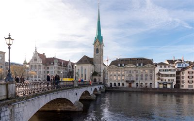 Zurich, Switzerland, bridge, church, Limmat River, Grossmuenster church