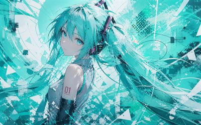 hatsune miku, 4k, fond abstrait turquoise, vocaloïde, art floral, oeuvre d'art, vocaloïde 01, yeux turquoise, miku hatsune, cv01, personnages vocaloïdes, hatsune miku vocaloïde