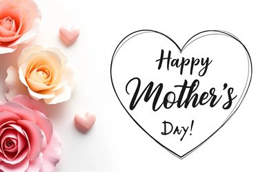 buona festa della mamma, 4k, rose rosa, biglietto d'auguri, sfondo bianco, concetti di felice festa della mamma, lettere calligrafiche, iscrizione di felice festa della mamma