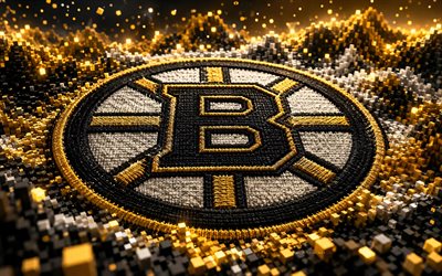 4k, logo in tessuto dei boston bruins, sfondo 3d giallo nero, nhl, hockey, logo dei boston bruins, emblema dei boston bruins, squadra di hockey americana, i bruin di boston