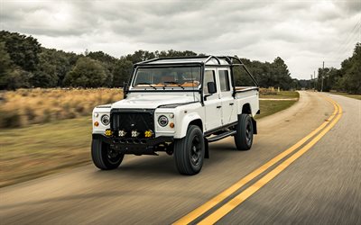 mule de projet ecd automotive design defender 130, 4k, réglage, voitures 2019, route, vus, land rover défenseur 130, voitures britanniques, land rover