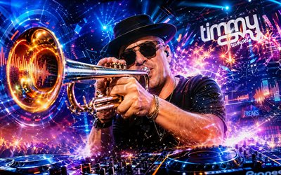 trompeta, 4k, concierto, fondo digital colorido, dj australiano, estrellas de la musica, consola de dj, electroerosión, superestrellas, timothy judas smith, arte de timmy trompeta, dj popular, trompeta timmy 4k