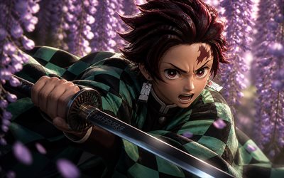 tanjiro kamado, 4k, 3d kunst, schwert, kimetsu no yaiba, manga, protagonist, kamado tanjiro, lila augen, dämonentöterkorps, dämonentöter, tanjiro kamado kimetsu no yaiba
