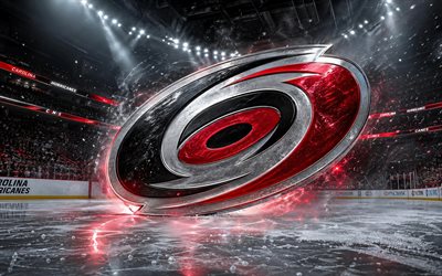4k, logo in metallo dei carolina hurricanes, faretti, arena del ghiaccio, nhl, creativo, hockey, logo dei carolina hurricanes, stadio dell'hockey, logo 3d dei carolina hurricanes, squadra di hockey americana, carolina uragani
