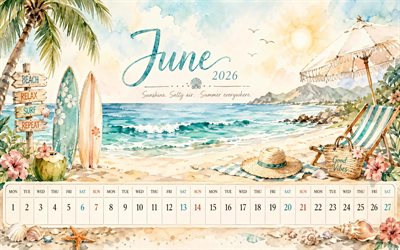 calendrier de juin 2026, 4k, aquarelle, créatif, femmes de plage, juin 2026, calendriers d'été, été, calendriers de juin, calendriers 2026, juin