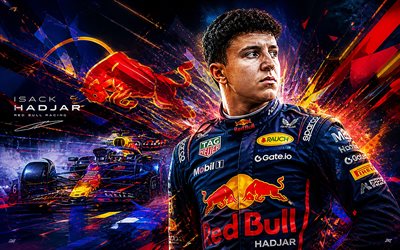 isaac hadjar, 4k, fondo digital azul rojo, red bull f1, fórmula 1, f1, carreras de toro rojo, fan art, red bull fórmula 1, isack hadjarred bull racing