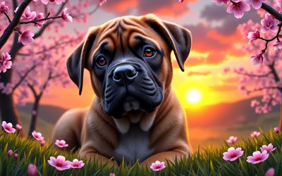 4k, chiot bullmastiff, coucher de soleil, printemps, fleur de cerisier, chiens, animaux mignons, chiots, animaux de compagnie, bullmastiff, bokeh, fleurs de printemps, chien bullmastiff