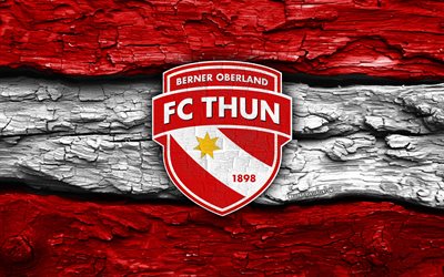 شعار fc thun الخشبي, 4k, خلفية خشبية بيضاء حمراء, دوري التحدي, كرة القدم, شعار نادي ثون, شعار إف سي ثون, إف سي ثون, نادي كرة القدم السويسري, ثون إف سي