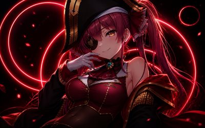 houhou marine, 4k, obscurité, anneaux de néon rouge, youtubeur virtuel, vtuber, créatif, fille aux yeux rouges, hololive, mangas, canal houshou marine, youtubeur virtuel houshou marine