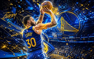stephen curry, 4k, blå gul digital bakgrund, golden state warriors, nba, amerikanska basketspelare, stephen curry 4k, basketboll, golden state warriors logotyp, fan art, stephen curry golden state warriors