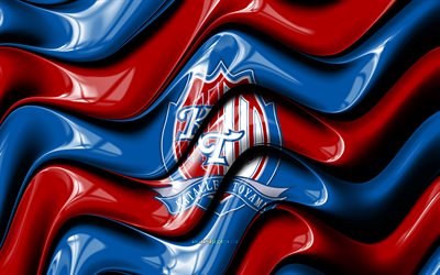 logo 3d di kataller toyama, 4k, onde 3d blu rosse, lega j2, calcio, bandiera di kataller toyama, creativo, logo kataller toyama, kataller toyama, squadra di calcio giapponese, kataller toyama fc