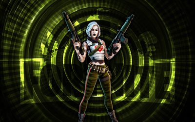 Tess Fortnite, 4k, green spiral background, Fortnite, creative, Tess Skin, Fortnite Tess Skin, Tess, Fortnite characters
