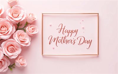 4k, buona festa della mamma, rose rosa, biglietto d'auguri, sfondo rosa, concetti di felice festa della mamma, lettere calligrafiche, iscrizione di felice festa della mamma