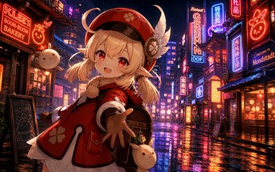 klee, 4k, rua japonesa, impacto genshin, noite, olhos vermelhos, sinais de néon coloridos, personagens de anime, personagens pirotécnicos, personagens do impacto genshin, impacto klee genshin