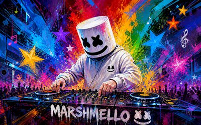 4k, dj marshmello, estrellas de colores, concierto, arte grunge, christopher comstock, consola de dj, máscara de marsmellow, estrellas de la musica, cantantes populares, dj americano, superestrellas, marsmello, dj, marshmello 4k