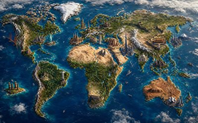 4k, mapa del mundo 3d, hitos mundiales, paisaje mundial, continentes, arte digital, mapa del paisaje, conceptos de mapas del mundo, mapas del mundo
