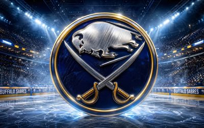 4k, buffalo sabres metal logosu, sahne ışıkları, buz arenası, nhl, yaratıcı, hokey, buffalo sabres logosu, hokey stadyumu, buffalo sabres 3d logosu, amerikan hokey takımı, bufalo kılıçları