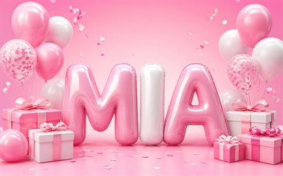 4k, alles gute zum geburtstag, mia, rosa weiße 3d luftballons, mia name, kreativ, mia geburtstag, beliebte amerikanische weibliche namen, rosa hintergrund, bild mit mia namen