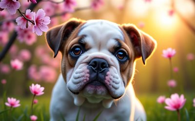 4k, chiot bouledogue anglais, coucher de soleil, printemps, fleur de cerisier, chiens, animaux mignons, chiots, animaux de compagnie, bouledogue anglais, bokeh, fleurs de printemps, chien bouledogue anglais