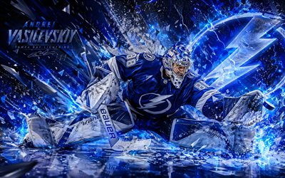 andrei vasilevski, 4k, sininen digitaalinen tausta, tampa bay lightning, nhl, jääkiekko, andrei vasilevski 4k, tampa bay lightning  logo, fanitaidetta, andrei vasilevski tampa bay lightning
