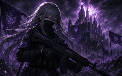 4k, ak 12, gece, kale, kızlar cephe hattı, mor parlama, maske, mor gözler, sanat eseri, srpg, manga, kızlar frontline karakterleri, ak 12 kızlar cephe hattı