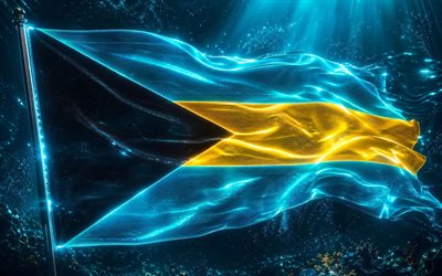 bandera resplandeciente de bahamas, 4k, arte digital, fondo abstracto oscuro, bandera de bahamas en el asta de la bandera, bandera de las bahamas, rayos de neón, bandera de bahamas, ondas de neón bandera de bahamas, bandera 3d de bahamas, bahamas