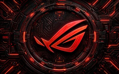 4k, logo 3d asus rog, oeuvre d'art, fond sombre de haute technologie, néons rouges, conducteurs, république des joueurs, marques d'électronique, logo lumineux asus rog, logo rog, logo asus rog, asus rog