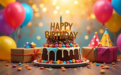 4k, pastel de cumpleaños de dos niveles, decoraciones coloridas, una vela, feliz primer aniversario, feliz cumpleaños, pastel de cumpleaños multicolor, torta de cumpleaños, conceptos de feliz cumpleaños, 1 año de aniversario, pastel de cumpleaños con vela